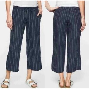 ATHLETA Bali Linen Cropped Wide Leg Pants Navy Stripe 2